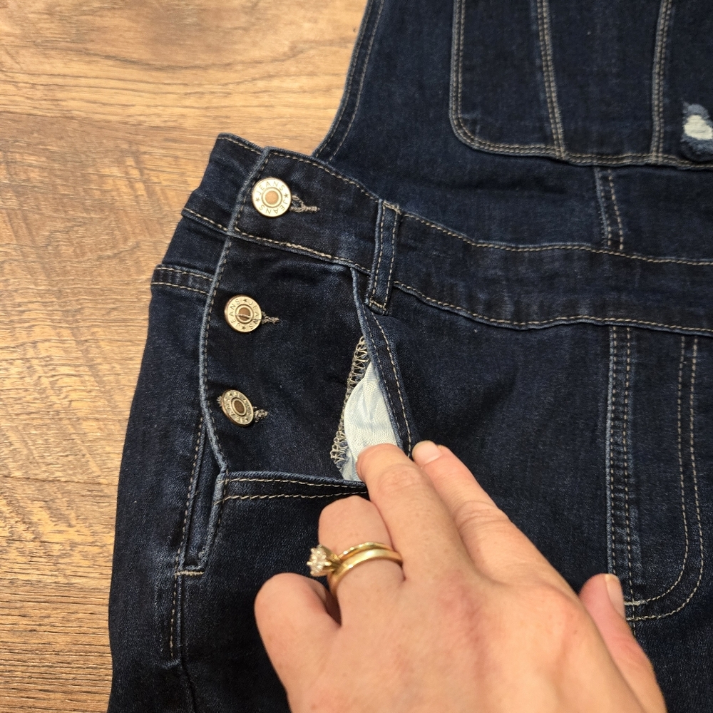 Denim Overalls Jeans Distressed Raw Hem Bootcut Dark Wash Cotton Stretch Farm S - Picture 12 of 13